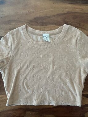 OFFLINE by Aerie tan terry cloth crop top embossed smiley face pattern small